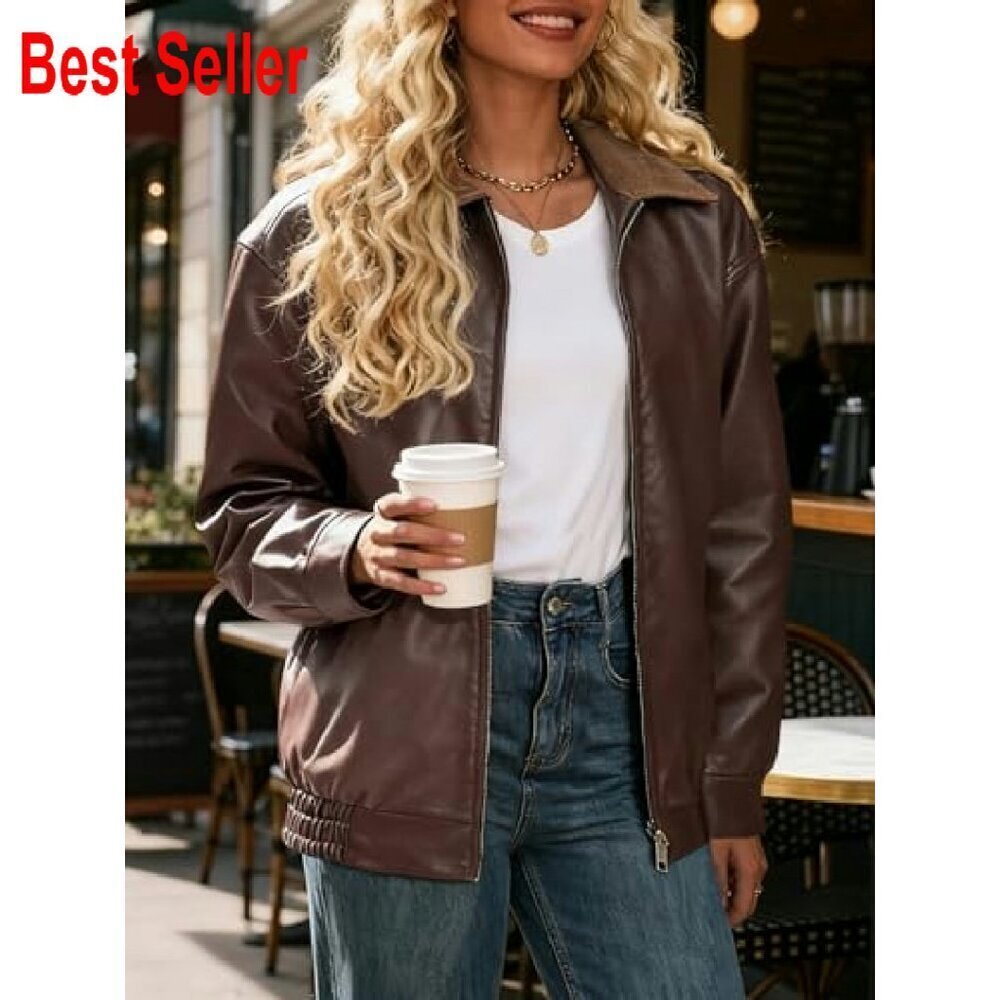 Faux Leather Motorcycle Jacket Oversized Retro Chic Fall Winter Bomber - Picture 6 of 8